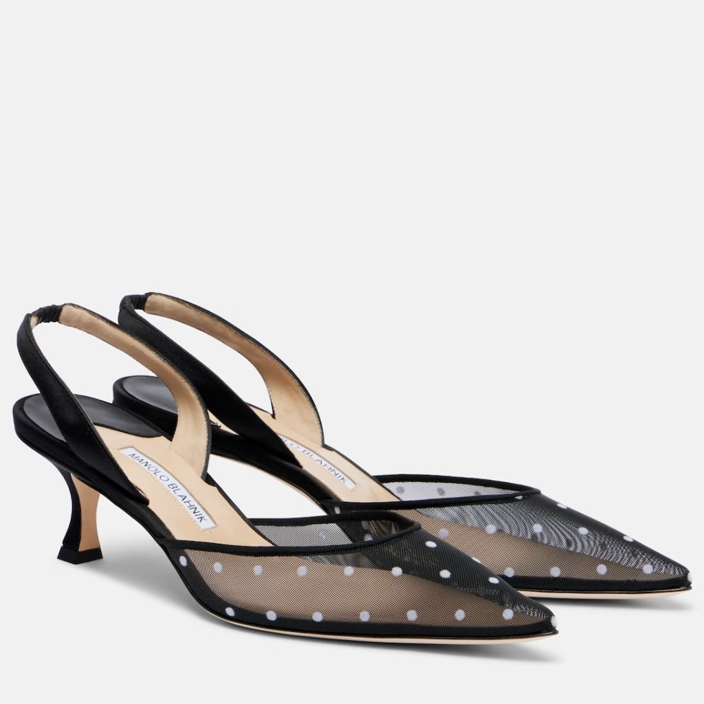 Manolo Blahnik Carolyne Polka Dot Mesh Satin Slingback Pumps Sandals Heels